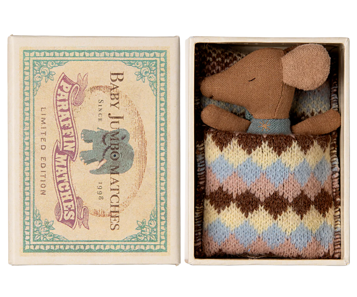 Sleepy wakey baby mouse in matchbox - blue