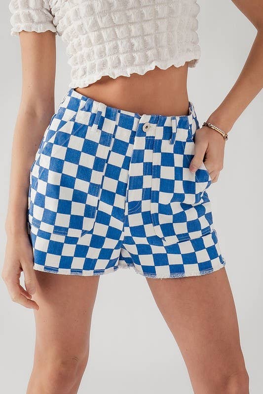 Retro Racing Checkered Print Side Pocket Cotton Shorts