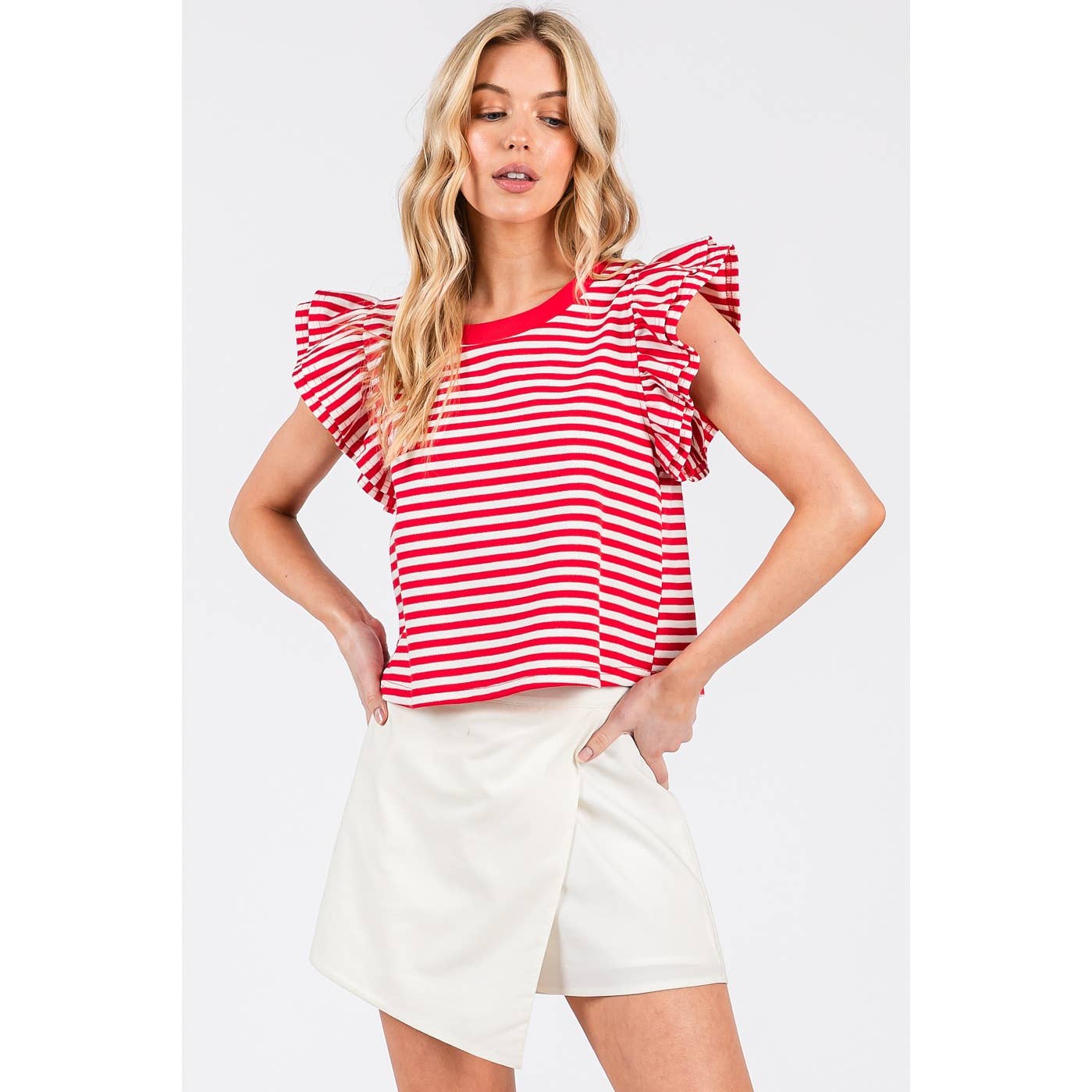 STRIPED DOUBLE RUFFLE SHORT SLEEVE CONTRAST TOP