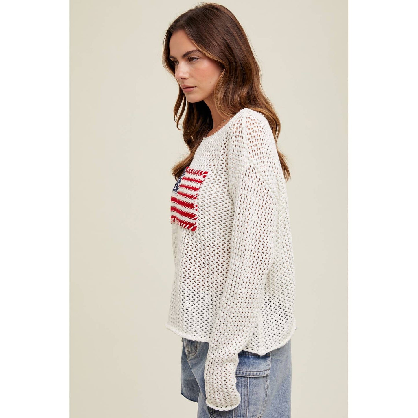HAND STITCHED AMERICAN FLAG OPEN-KNIT SWEATER / WL24-9231