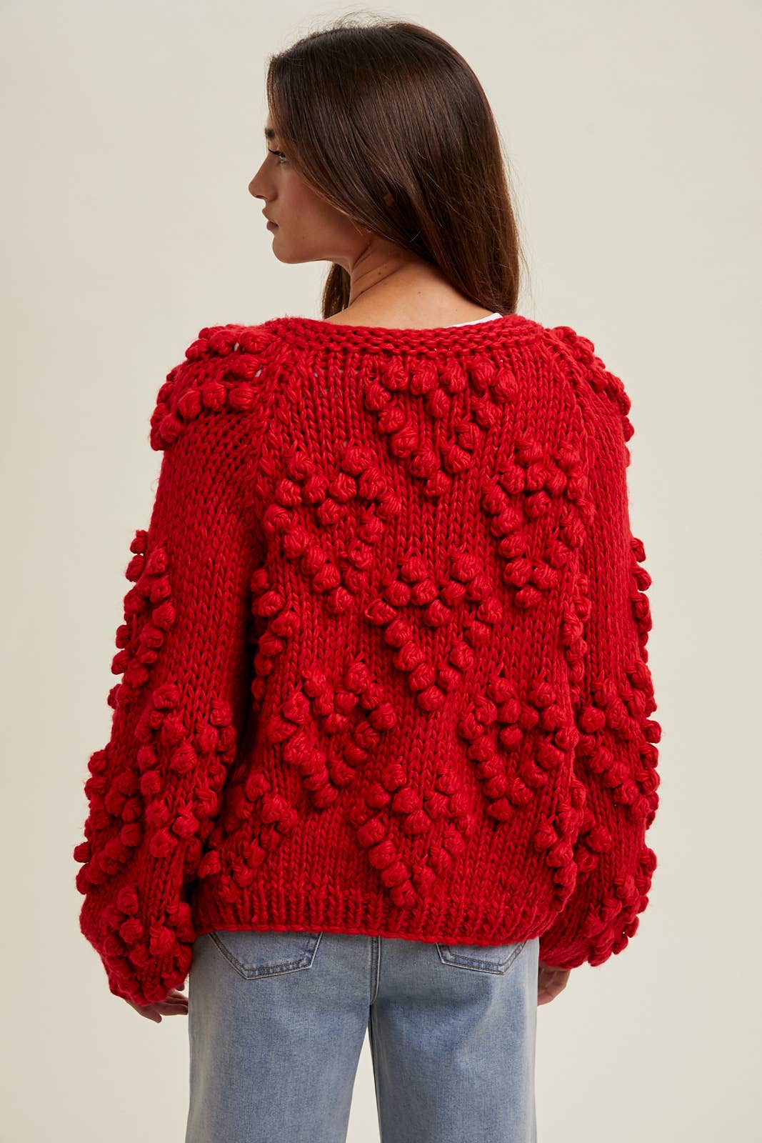 HAND-KNIT POM-POM HEART CARDIGAN