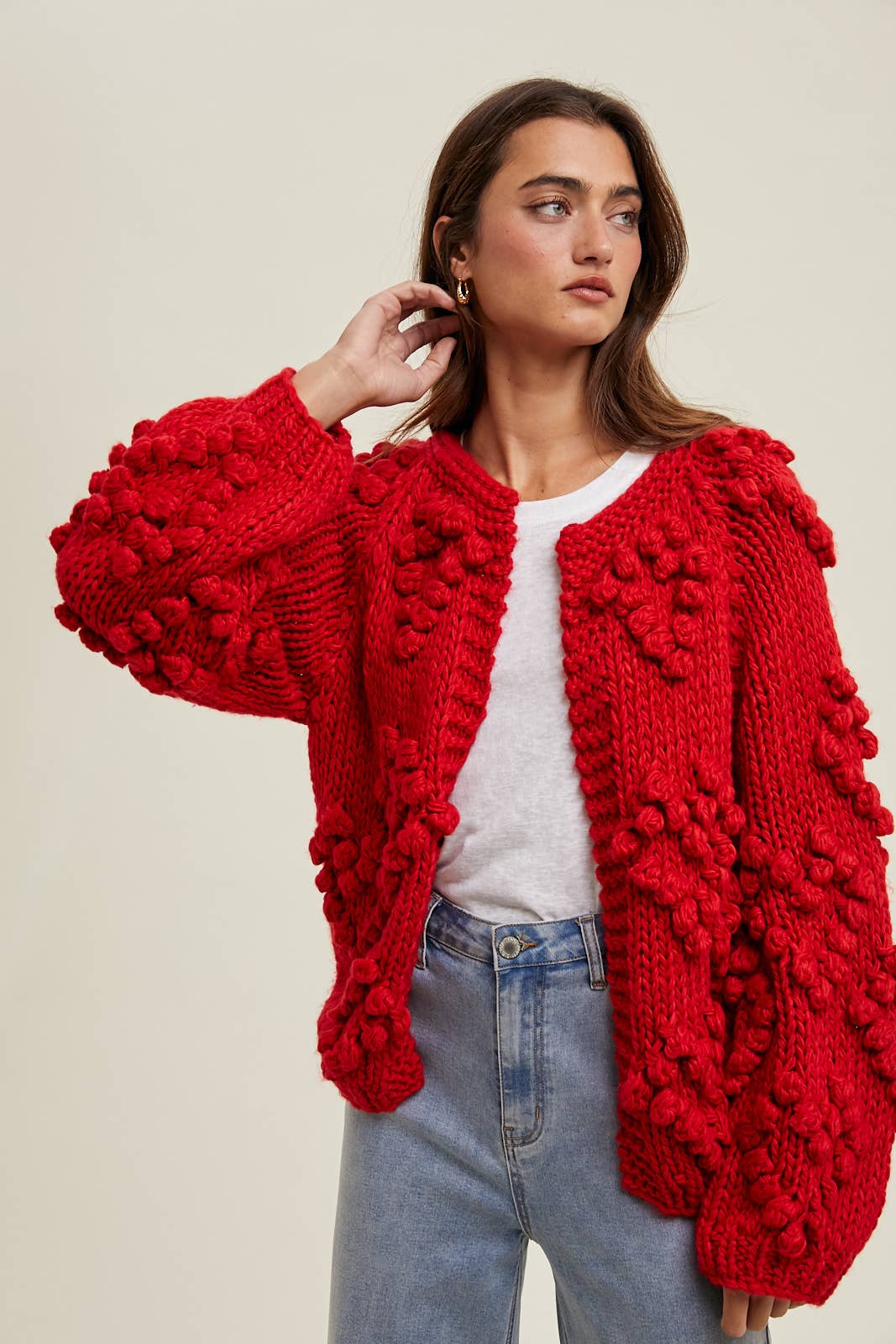 HAND-KNIT POM-POM HEART CARDIGAN