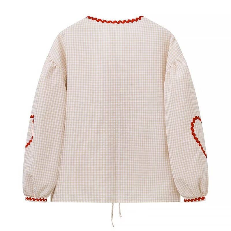 Ric Rac heart-inspired patching Gingham tie front blouse