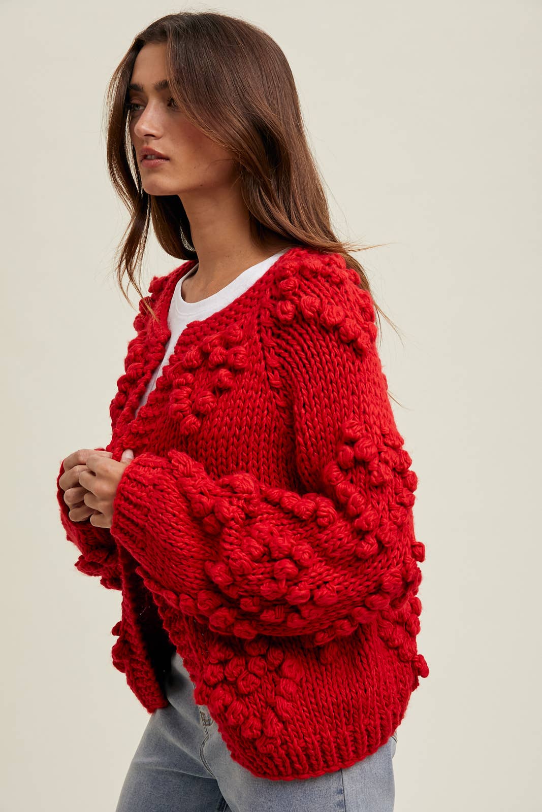 HAND-KNIT POM-POM HEART CARDIGAN