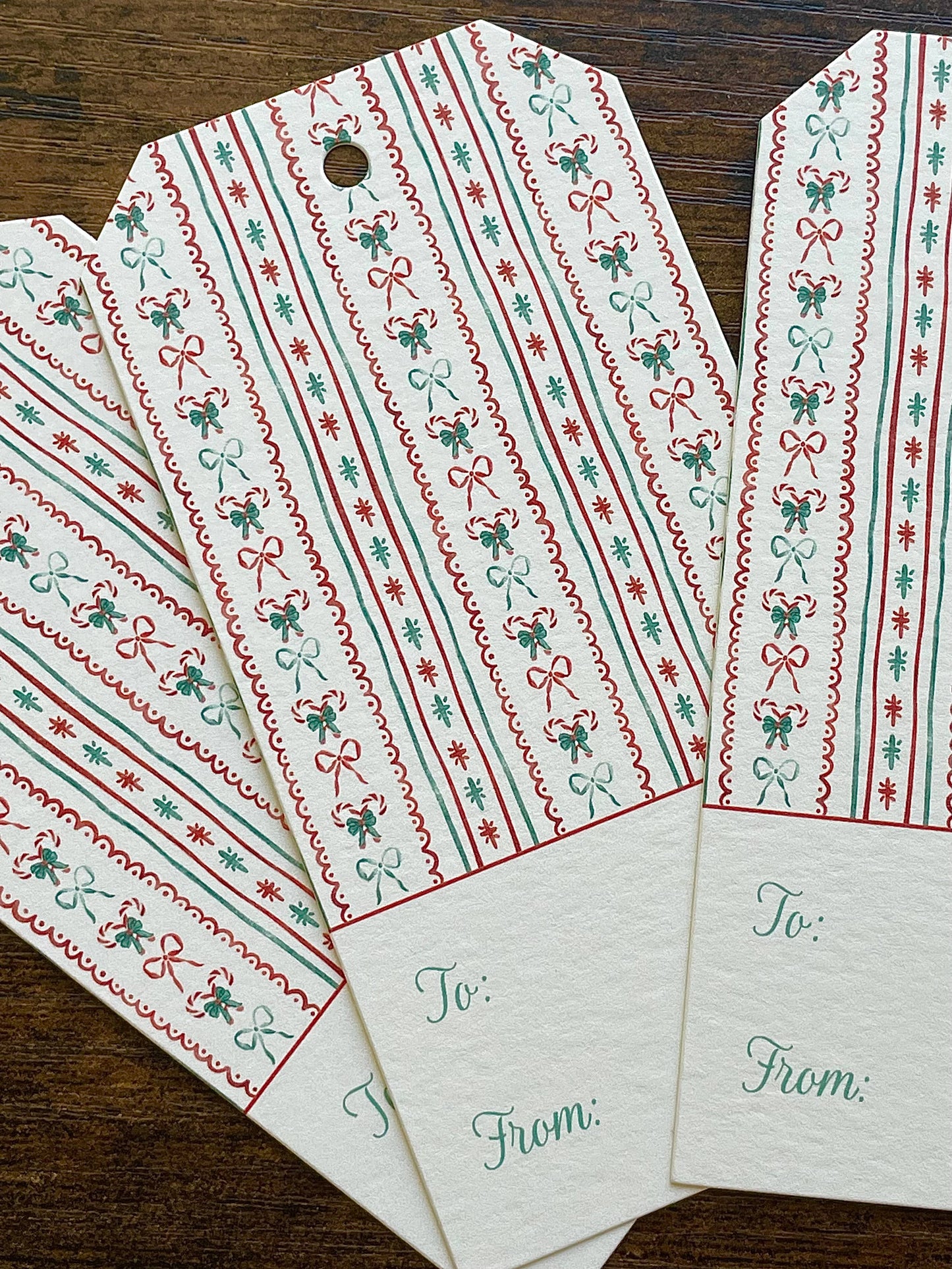 Red and Green Stripe Candy Cane Bows Holiday Gift Tags