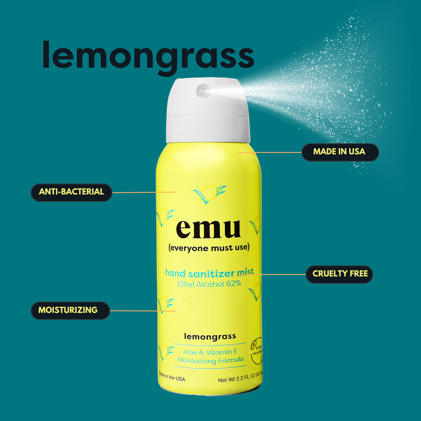 Lemongrass Moisturizing Sanitizer Mist 2.2oz - 24 Pack