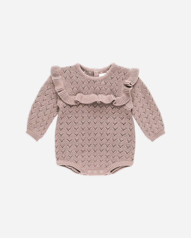 LONG SLEEVE POINTELLE RUFFLE ROMPER || MAUVE