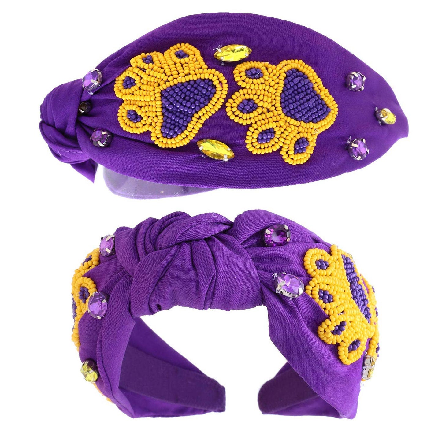 Rhinestone Jeweled Beaded Paw Pattern Knotted Headband