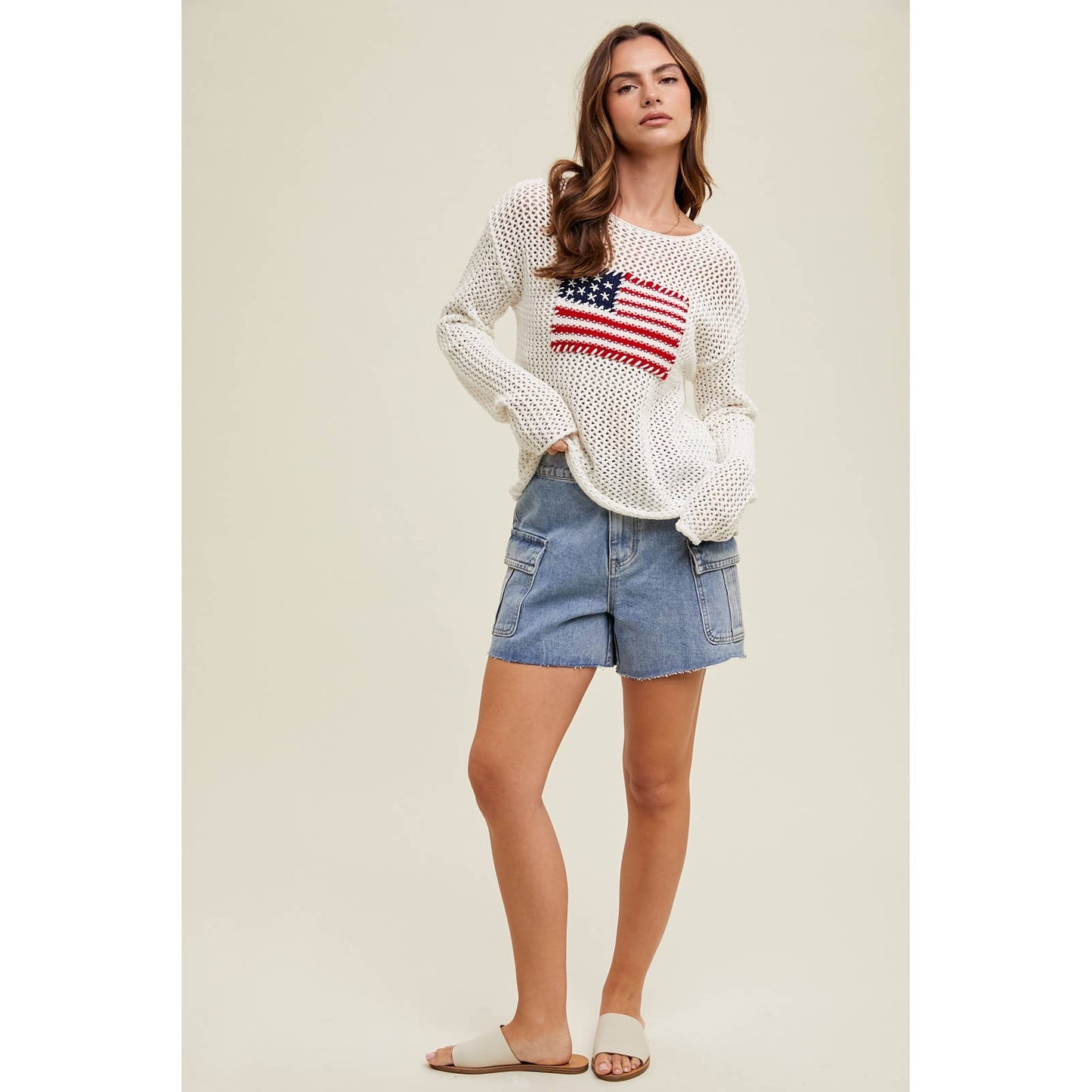 HAND STITCHED AMERICAN FLAG OPEN-KNIT SWEATER / WL24-9231
