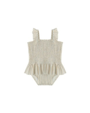 Smocked One-Piece Swimsuit || Blue + Butterscotch Stripe
