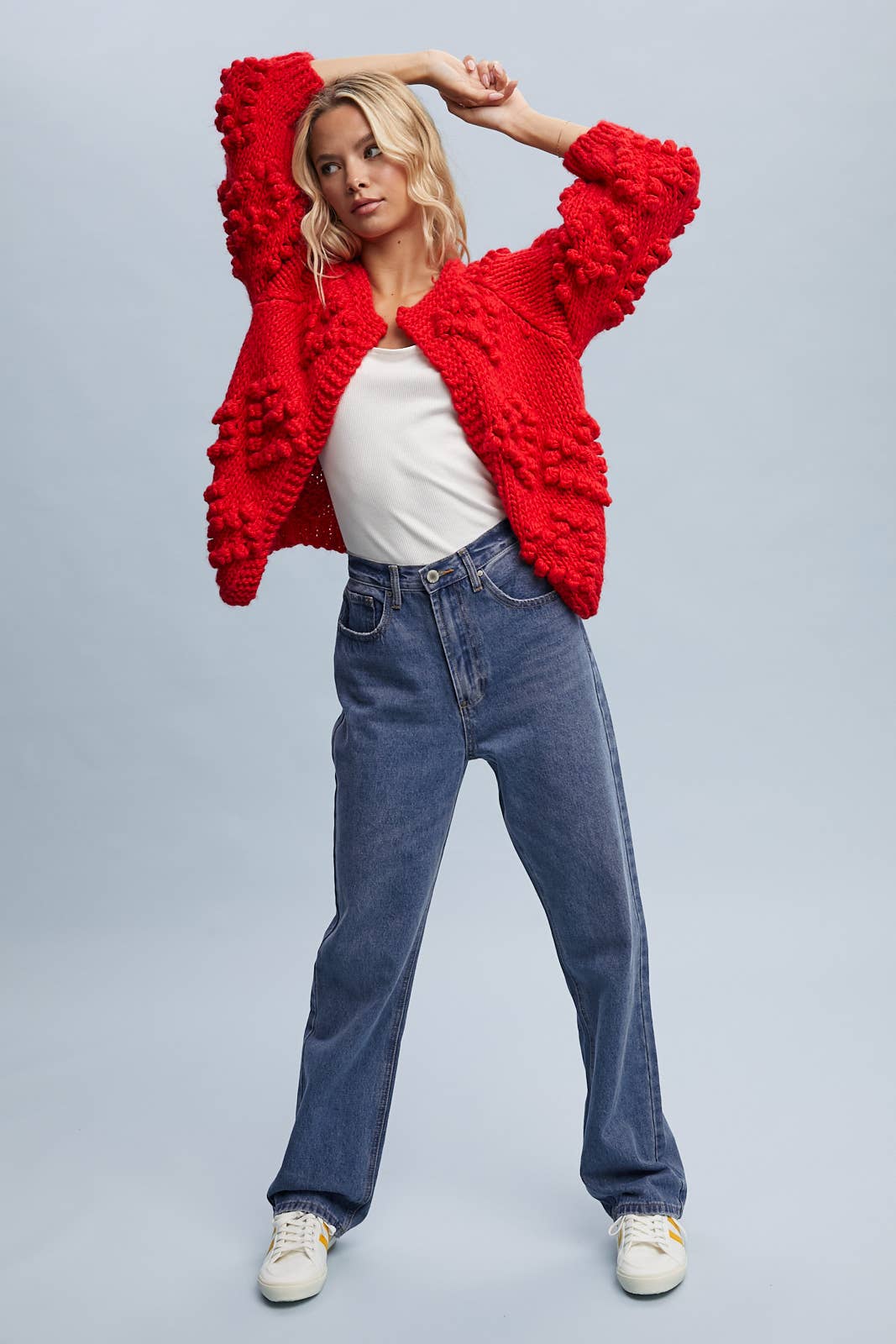 HAND-KNIT POM-POM HEART CARDIGAN