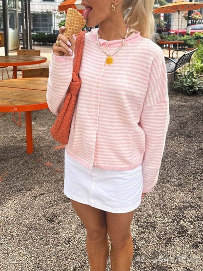 Lightweight Cozy roll neck cardigan in stripe