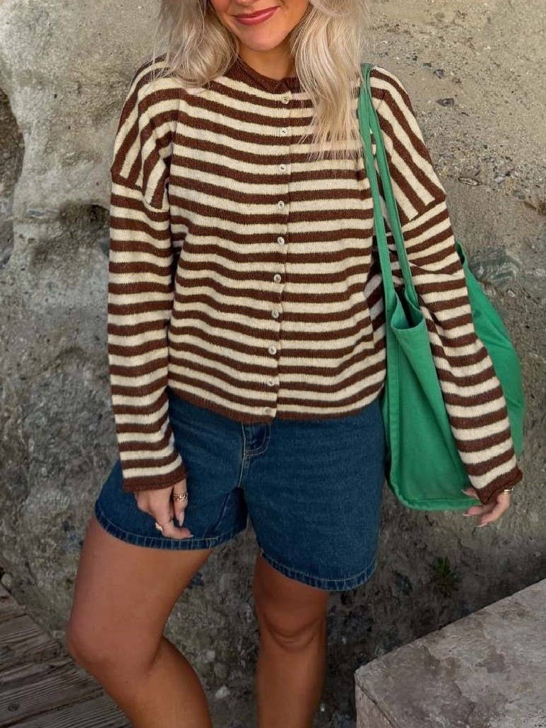 Lightweight Cozy roll neck cardigan in stripe