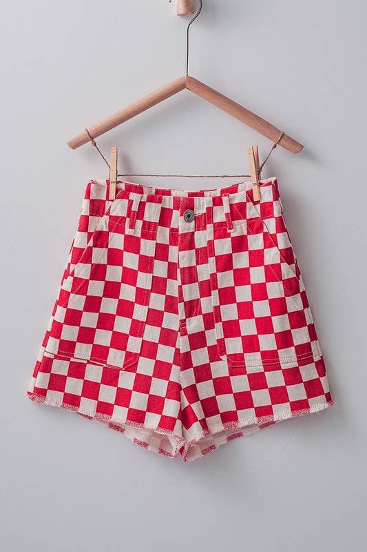 Retro Racing Checkered Print Side Pocket Cotton Shorts