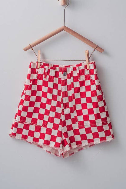 Retro Racing Checkered Print Side Pocket Cotton Shorts