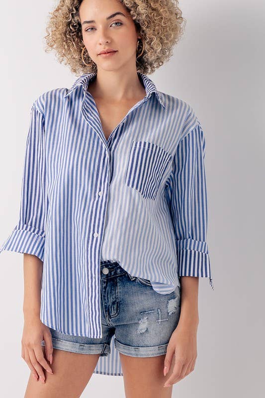 BLUE/WHITE COLORBLOCK STRIPE COLLAR SHIRT