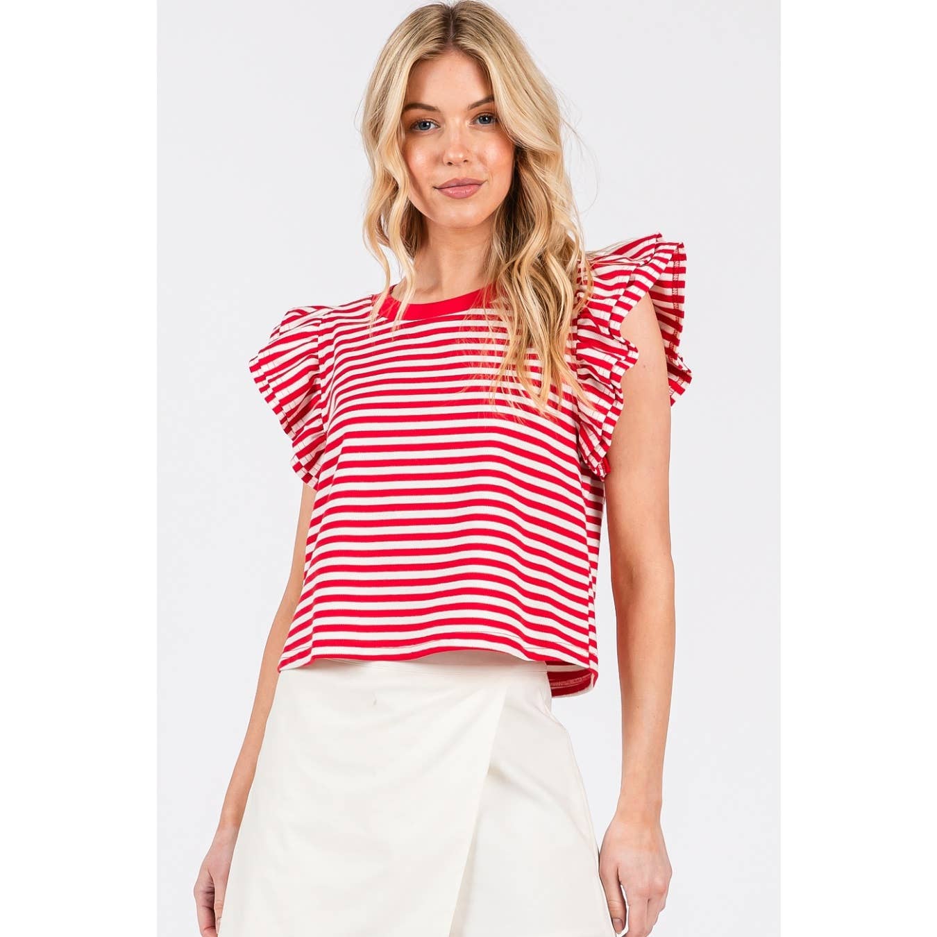 STRIPED DOUBLE RUFFLE SHORT SLEEVE CONTRAST TOP