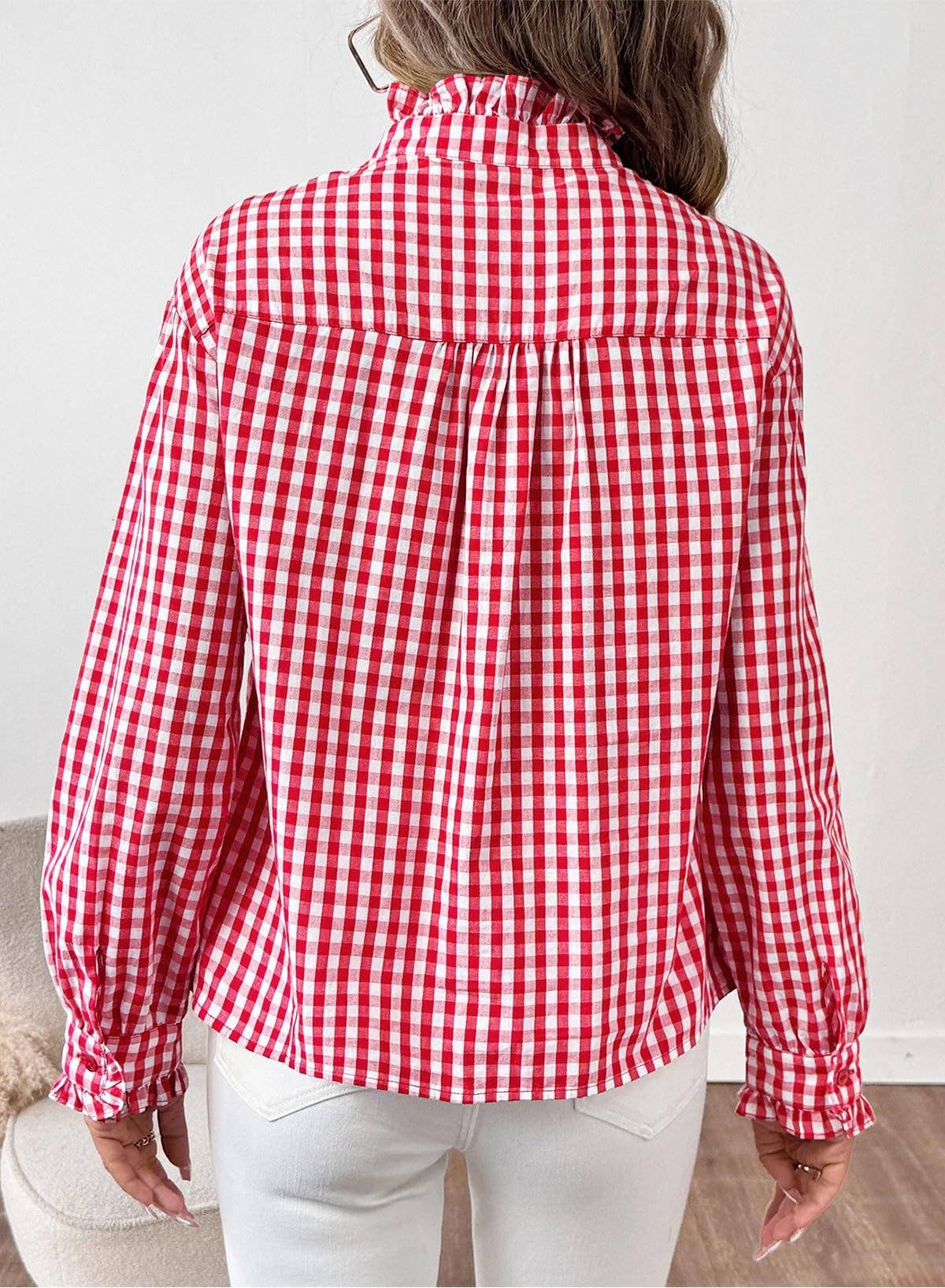 Gingham Check Plaid Ruffled Detail Shirt Blouse