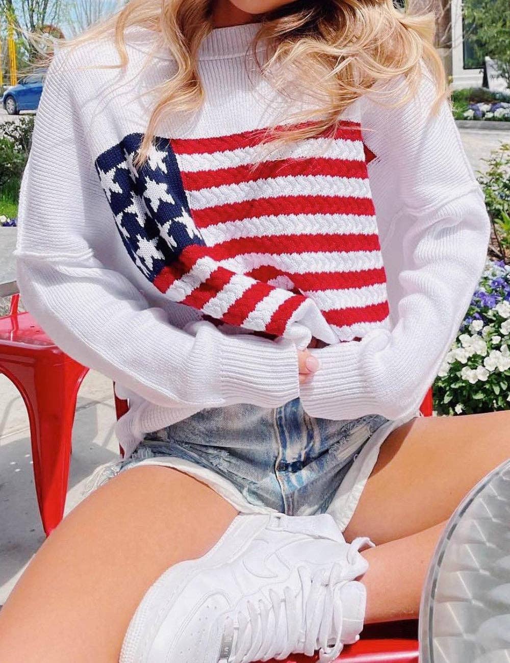 Ladies Round Neck American Flag Pullover Sweater