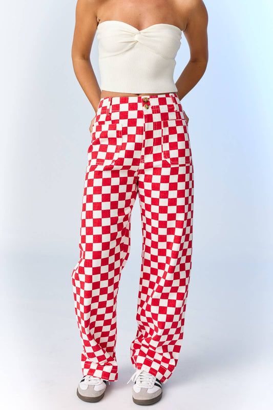 Demi Checkered Bottoms w Elastic Band: Red