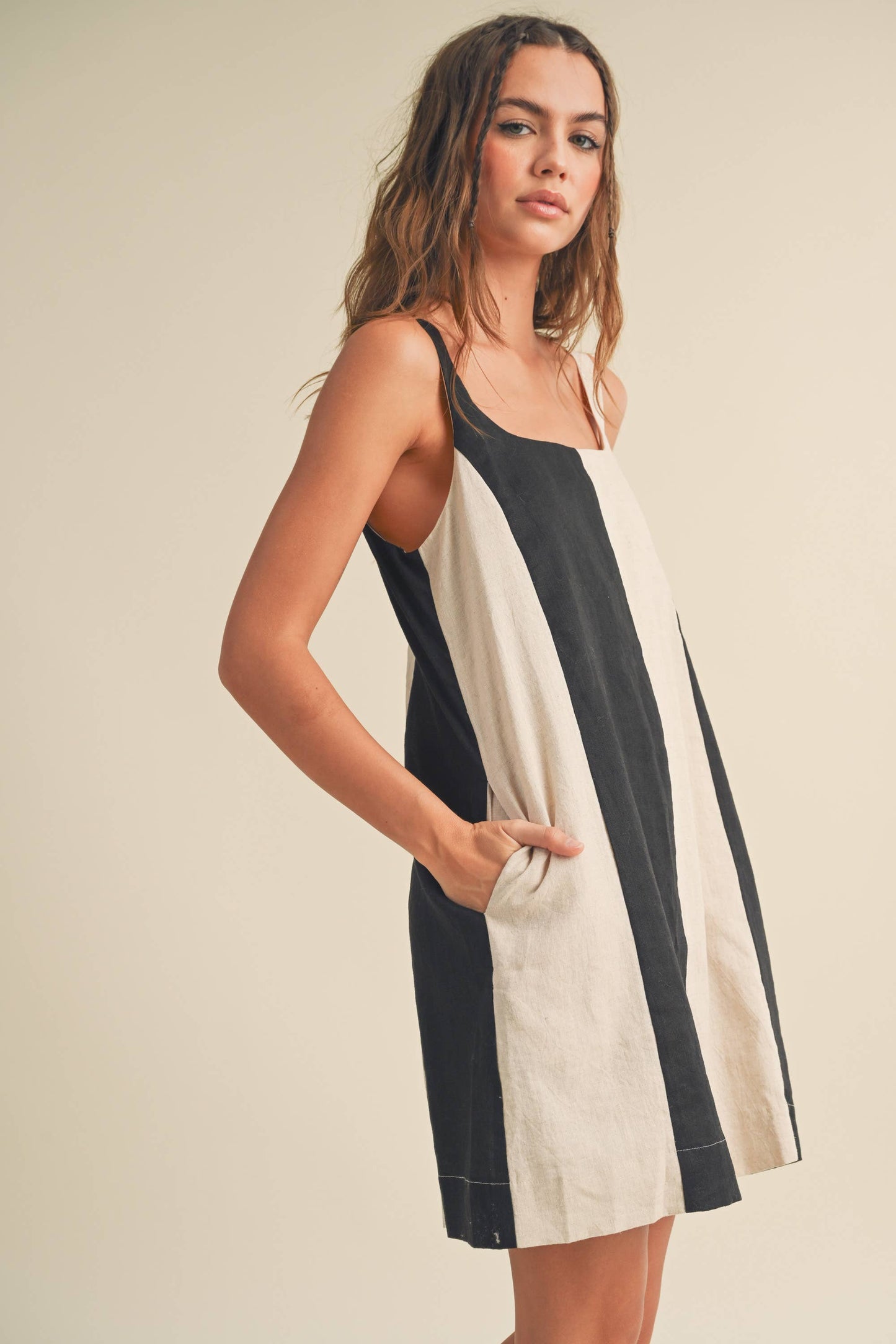 D3367 COLOR BLOCK LINEN MINI DRESS