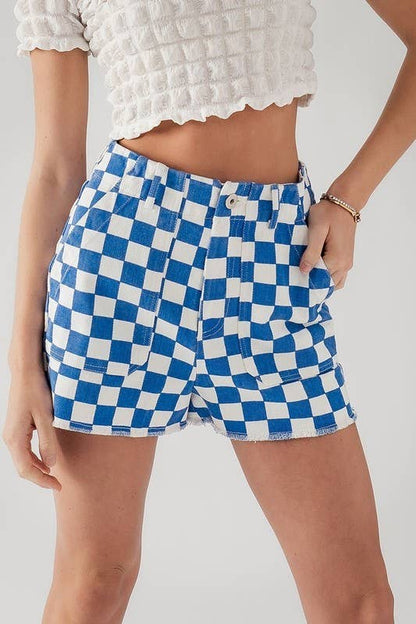 Retro Racing Checkered Print Side Pocket Cotton Shorts
