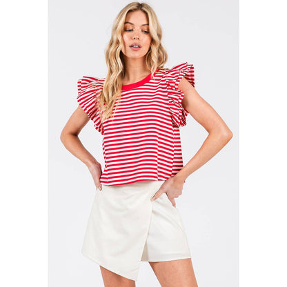 STRIPED DOUBLE RUFFLE SHORT SLEEVE CONTRAST TOP