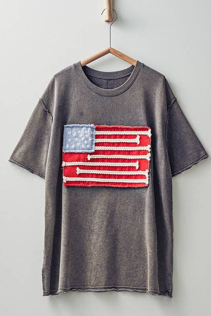 Distressed American Flag Applique Tee with Exposed Seams
