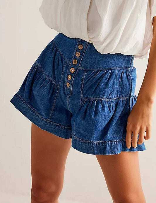 Ladies Solid Color Cotton Denim Shorts