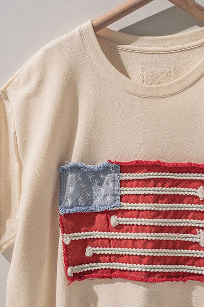 Distressed American Flag Applique Tee with Exposed Seams