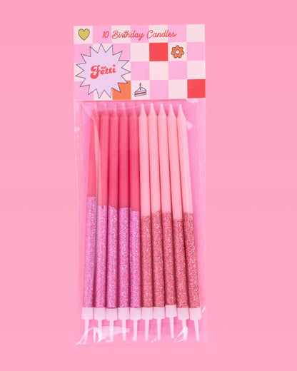 Pink Glitter Party Cake Candles | 10 Pack, Birthday, Toppers