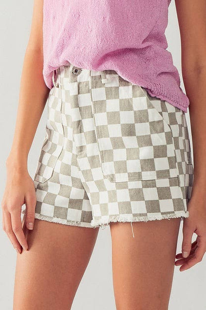 Retro Racing Checkered Print Side Pocket Cotton Shorts