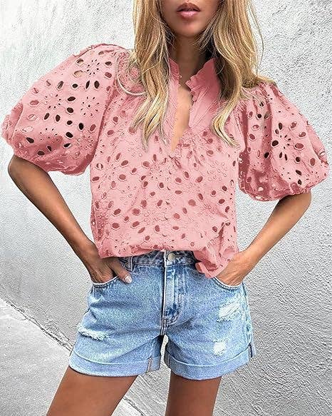 Bohemia Crochet lace Eyelet high neck short sleeve blouse