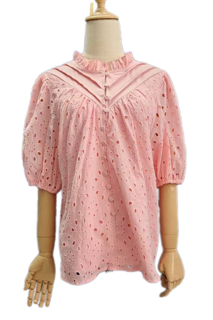 Bohemia Crochet lace Eyelet high neck short sleeve blouse