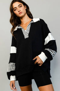 T2004 -French Terry Knit Color-block Collared Loose Fit Top