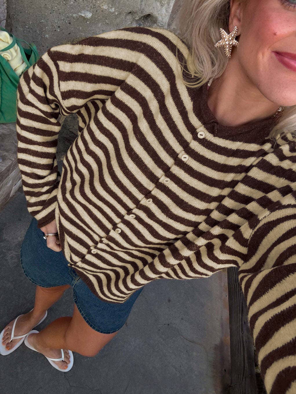 Lightweight Cozy roll neck cardigan in stripe