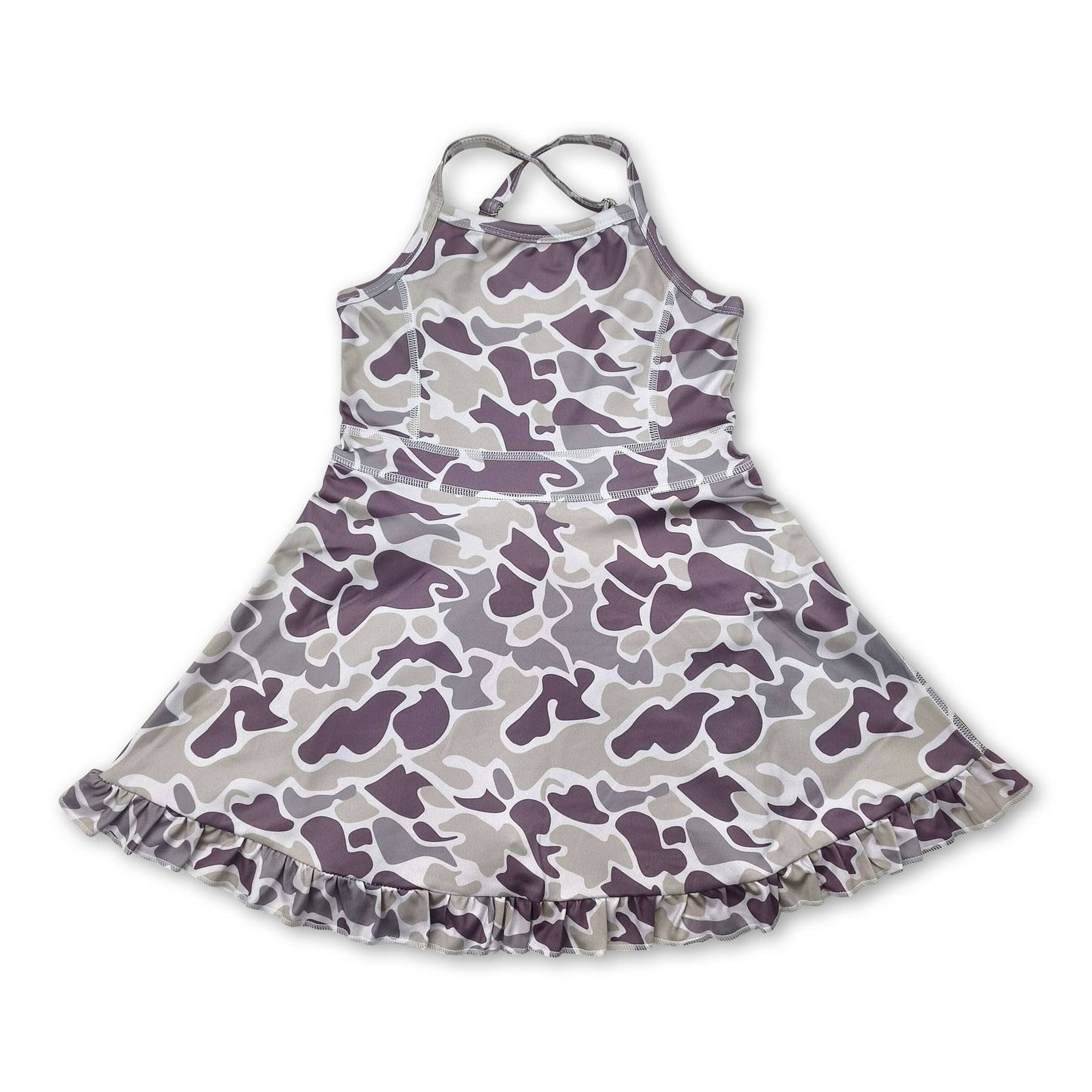 Grey camo straps ruffle girls athletic dress