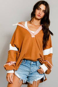 T2004 -French Terry Knit Color-block Collared Loose Fit Top