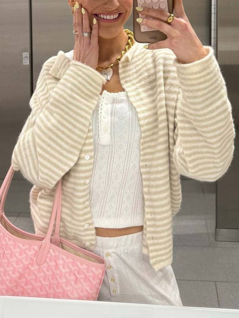Lightweight Cozy roll neck cardigan in stripe