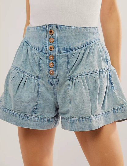 Ladies Solid Color Cotton Denim Shorts