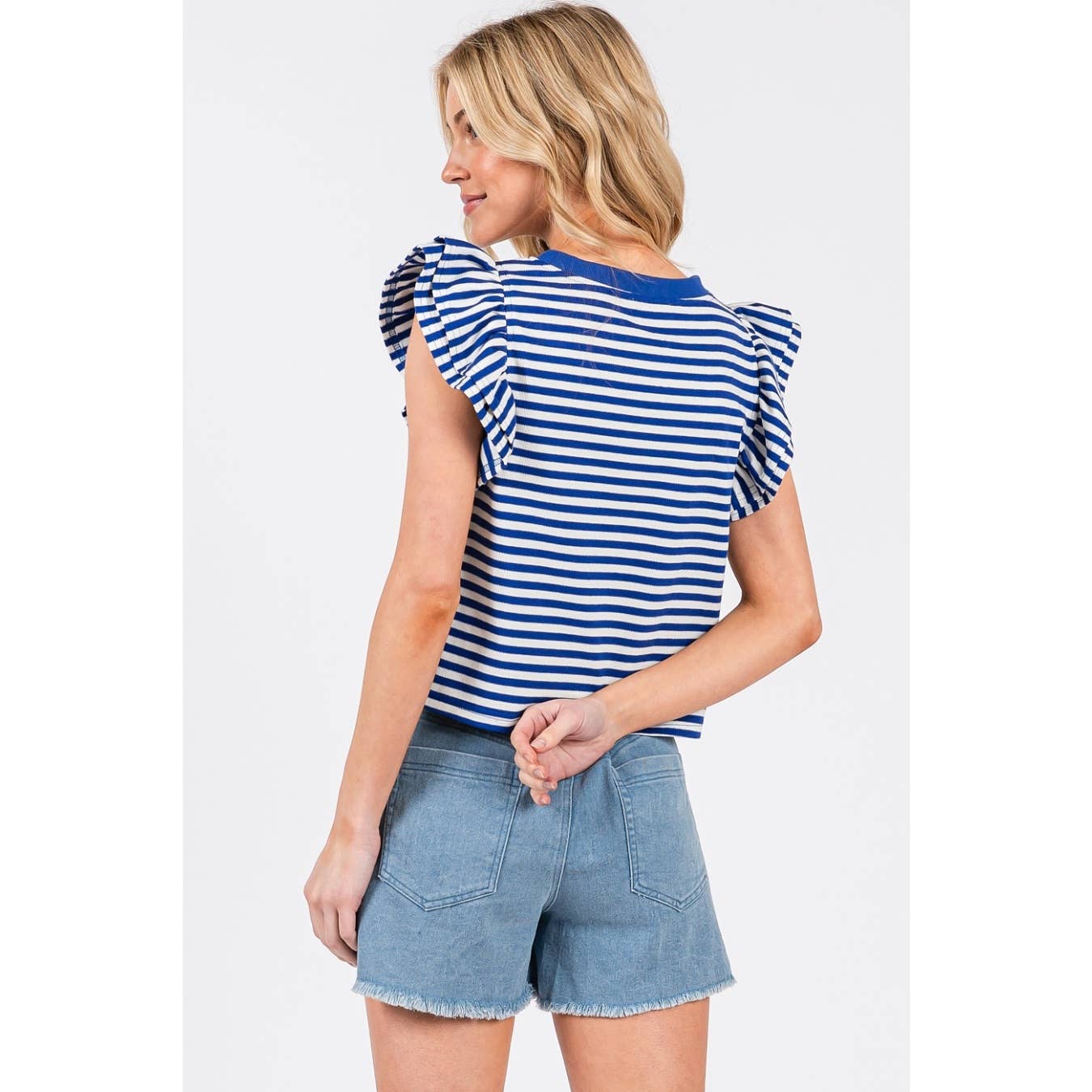 STRIPED DOUBLE RUFFLE SHORT SLEEVE CONTRAST TOP