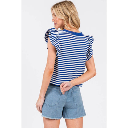 STRIPED DOUBLE RUFFLE SHORT SLEEVE CONTRAST TOP