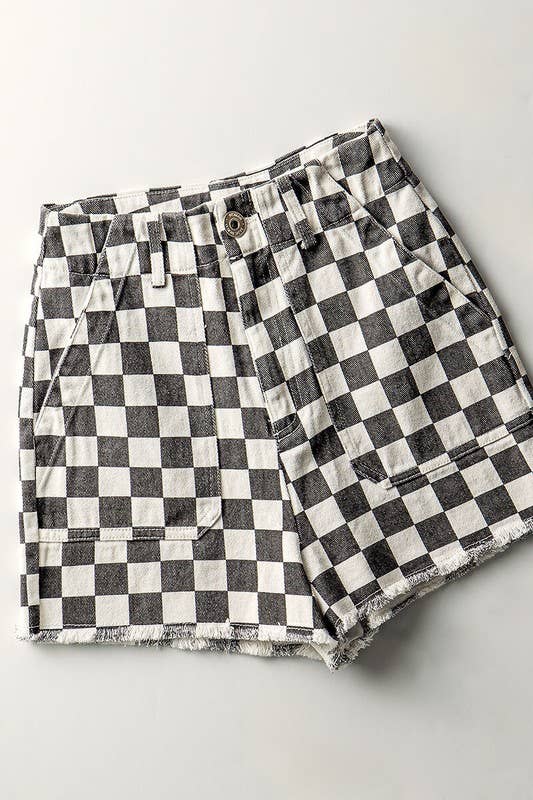 Retro Racing Checkered Print Side Pocket Cotton Shorts