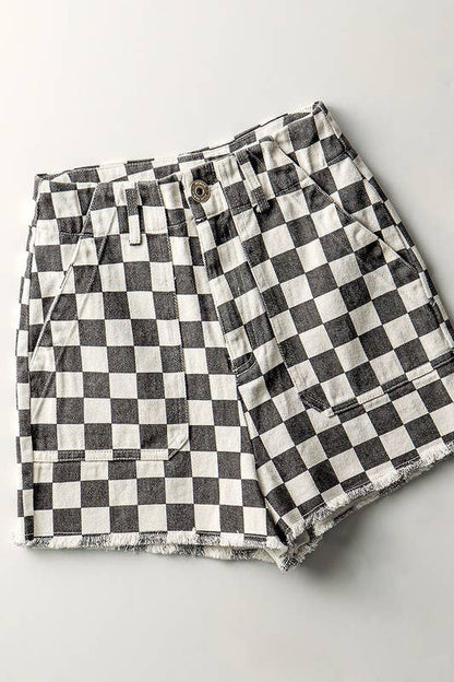 Retro Racing Checkered Print Side Pocket Cotton Shorts