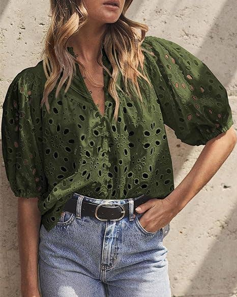Bohemia Crochet lace Eyelet high neck short sleeve blouse