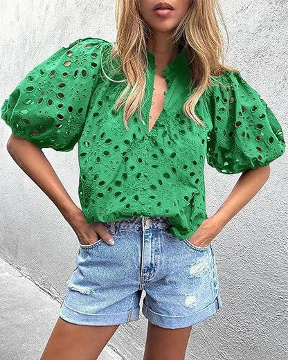 Bohemia Crochet lace Eyelet high neck short sleeve blouse