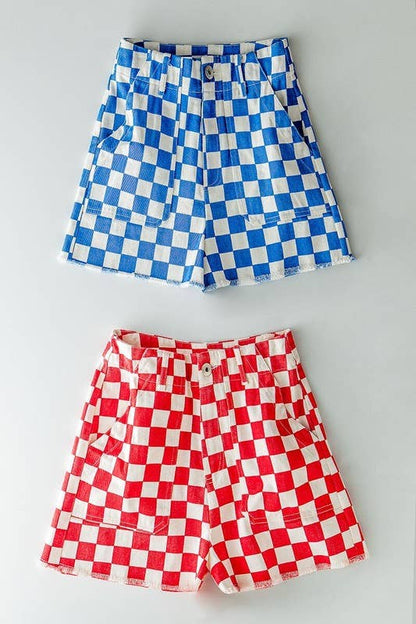 Retro Racing Checkered Print Side Pocket Cotton Shorts