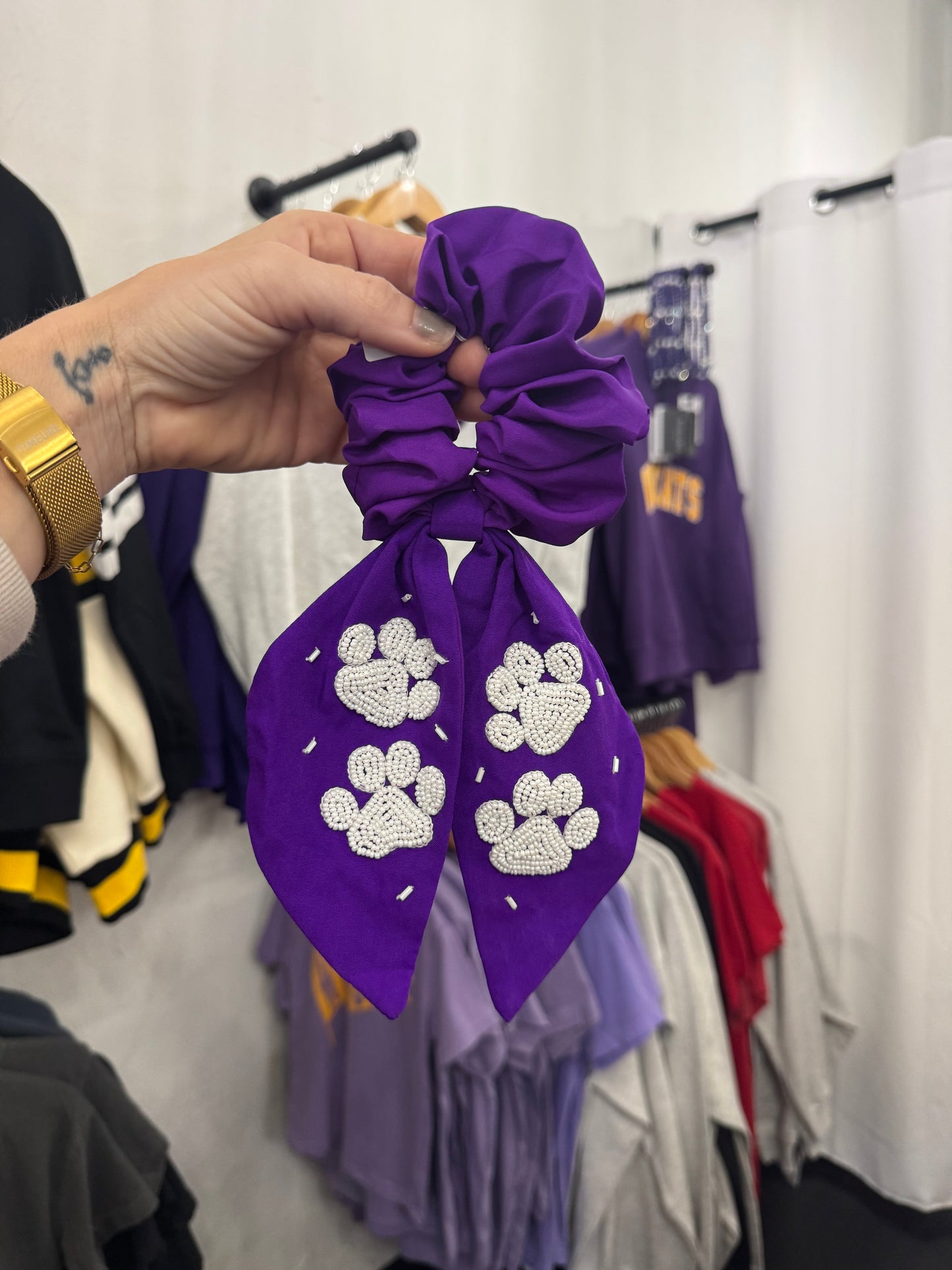 Purple Paw Beaded Scrunchie