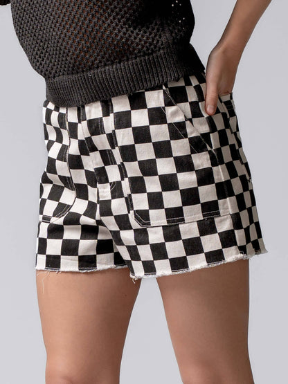 Retro Racing Checkered Print Side Pocket Cotton Shorts