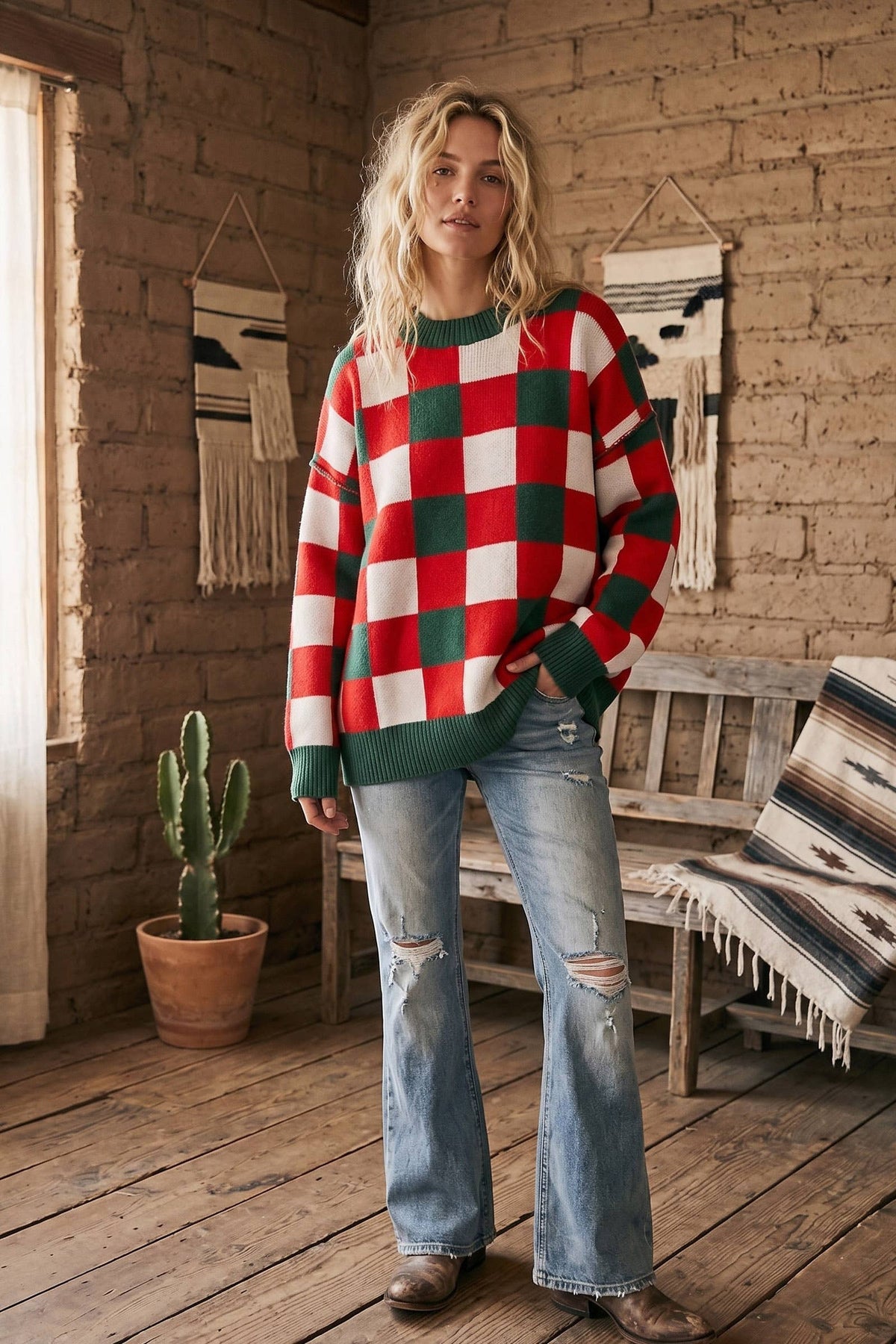Oversized Checkered Christmas Sweater